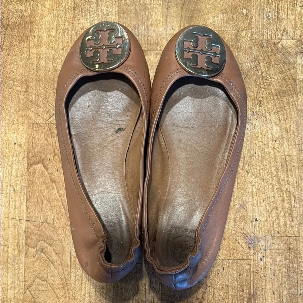 Tory Burch Tan Flats with Signature Logo